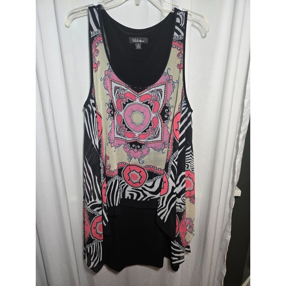 Shark Bite Hem Dress Zebra Animal Medallion Print Chiffon Like Overlay Sz 16